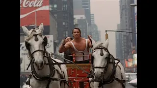 Chariot chase scene from Hercules in New York film (1969) starring Arnold Schwarzenegger. Dubbed.