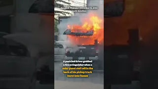 Pickup #truck carrying #solar panel roof cells #bursts into #flames on road in #Bangkok