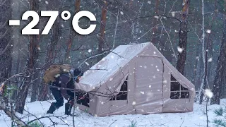 -27° Winter Camping With a Heated Tent - Snowfall and Frost | ASMR