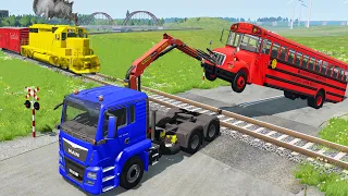 Flatbed Trailer Tractor Truck Rescue Bus - Car vs Rails and Trains - BeamNG Drive