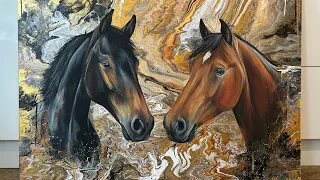 Portrait of horses in pouring paint