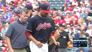 DET@CLE: Carrasco struck by line drive, leaves game