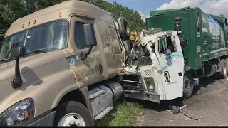 Serious injury crash, I-10 west near Chaffee Road involving garbage truck and disabled semi