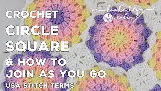 Crochet Granny Circle in a Square JOIN AS YOU GO (JAYG)