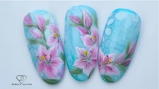 Lily flowers one stroke nail art with blooming gel. Flowers nails