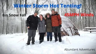 Winter Storm Hot Tent Camping With My Wife  - High Winds and Snow Fall!