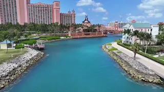 Entry into Atlantis Marina by water. Paradise Island, Nassau, Bahamas. Boat, drone.