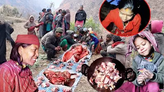 Dharme brother & villagers sharing buff meat for dinner 2 buff at dinner