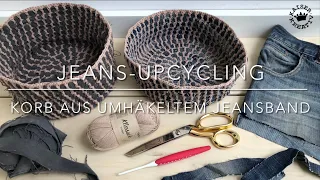 Jeans Upcycling - Korb aus umhäkeltem Jeansband