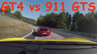 Porsche 718 GT4 chasing 911 GTS 991.2 on Nordschliefe