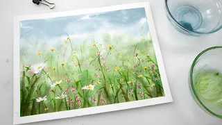 How to paint simple flowers meadow in watercolors - step by step tutorial for beginners