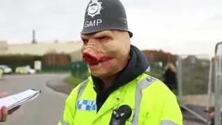 Protester in pig mask at Wrexham prison site