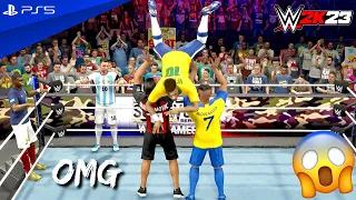 WWE 2K23 - Cristiano, Haaland & Zlatan vs. Messi, Neymar & Mbappe - Elimination Tag Team Match | 4K
