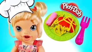 Куклы Пупсики Беби Элайв Аня повар кушает макароны с сосиской лепит Play-Doh. Сюрприз Свинка Пеппа