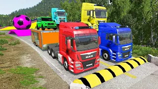 Double Flatbed Trailer Truck vs Speedbumps Train vs Cars | Tractor vs Train Beamng.Drive 0032