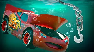 Drowned LIGHTNING MCQUEEN without engine on the OCEAN FLOOR! WILL A HOOK ON A CHAIN SAVE? Pixar Cars