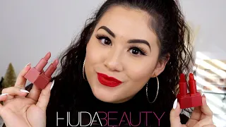 HUDA BEAUTY MINI POWER BULLET MATTE LIPSTICKS DUO SWATCHES | POWER NUDES & POWER REDS