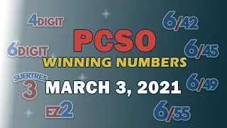 P215M Jackpot Grand Lotto 6/55, EZ2, Suertres, 4Digit, and Megalotto 6/45 | March 3, 2021