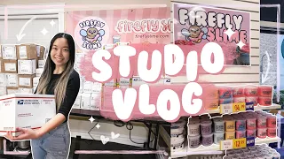 slime shop studio vlog ♡ unboxing, big restock, making slime, packaging