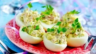 ЛУЧШАЯ ЗАКУСКА Фаршированные яйца с сыром и ветчиной, НОВОГОДНИЕ ЗАКУСКИ, РЕЦЕПТ ЗАКУСКИ ИЗ ЯИЦ, ФАР