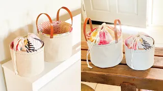 Patchwork String Bucket Bag | Fabric Basket with string | Quilters Storage Tub | Linen Bag