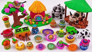 DIY How to make polymer clay miniature house, kitchen set, Rikshaw, Charpai, Tree, Village |Dolliyon