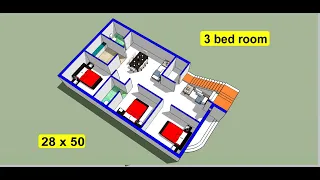 28 X 50 simple 3 bed room home design II 28 x 50 ghar ka naksha kaise banaye II 3 bhk house plan