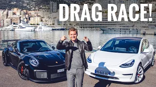 TESLA MODEL 3 VS PORSCHE GT2 RS DRAG RACE ON MONACO PIER!! | NICO ROSBERG | eVLOG