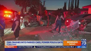 Car crashes into parked cars, power pole and gate in Fontana