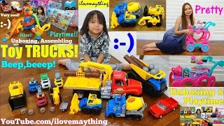 Toy Shopping at the Store! Playing Construction Trucks, Vtech Raceway Set and Tea Cart Playset