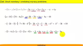 Usuń nawiasy i zredukuj wyrazy podobne - Wyrażenia algebraiczne - Matfiz24.pl