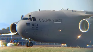 US Air Force C17 Back Track and Take Off. Puerto Princesa, Palawan: Pure Power Up Close