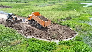 Great Skills New Road Building Technology Operator Bulldozer Over Big Lake