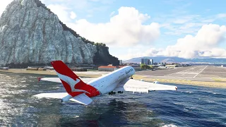 Очень жесткая посадка большого самолета Qantas Airbus A380 приземляется в аэропорту Гибралтара