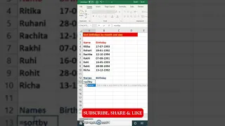 Sort birthday by month and day in excel | excel tutorial | #shorts