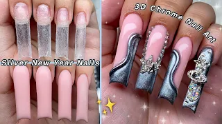 SILVER NEW YEAR NAILS✨ EASY POLYGEL APPLICATION & 3D CHROME NAIL ART | Nail Tutorial