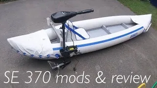 Sea Eagle SE370 inflatable kayak review and mods.  Trolling motor, plywood floor, cleaning, repair