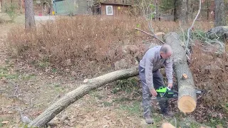 Chuck testing the GreenWorks 18" battery saw