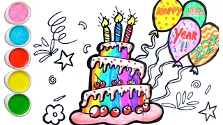 happy new year 2024  celebration cake drawing coloring painting for kids & toddlers, lets draw CAKE