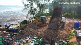Fantastic Making Foundation Road By Heavy Bulldozer Pusher Rock & Dump Truck Working Unloading Stone