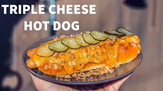 Triple cheese hotdog 🌭🤤 with fried onion and pickled cucumber recipe.