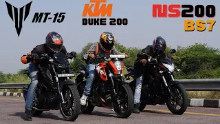 2023 Bajaj Pulsar NS 200 BS7 vs KTM Duke 200 BS3 vs Yamaha MT15 Drag Race