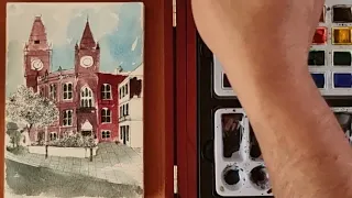 Watercolour painting./Reading Town Hall./ Real-Time painting process