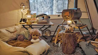 Solo Winter Camping with My Dog . Relaxing in the Hot Tent . Wood Stove ASMR