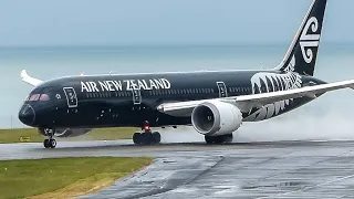 Awesome All Black Air NZ 787 Blasting off from Auckland in the rain