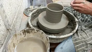 Yarn bowl on pottery wheel with paddled decoration