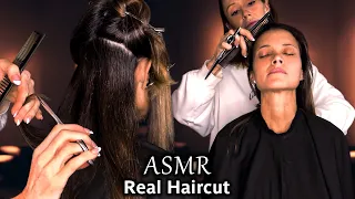 Real ASMR Haircut, Hair Stylist gives Ultimate Salon Experience (cutting, brushing, spray sounds)