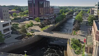 Drone aerial view of downtwon Bangor, Maine