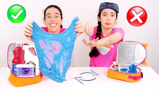 DESAFIO MUITO VS POUCO DE SLIME COM COLA BRANCA ★ Troca de Lancheiras de Ingredientes com a Mamãe