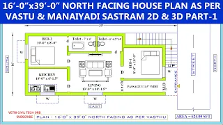 16'-0" x 39'-0" North facing house Plan As per Vastu and Manaiyadi Shasthiram - 2D and 3D Part-1